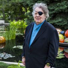 Man with grey hair and a black eye patch wearing a blue button up shirt with a suit coat and matching pants stands outside by a pond 