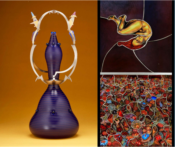 Three images of glass artwork by the 2024 Visionary Artists